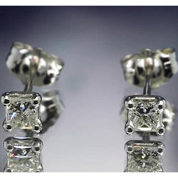 Princess Genuine Diamond Stud 1.20 Carats Earring Four Prong Set White Gold