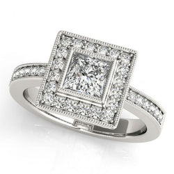 Princess Real Diamond Engagement Ring & Halo Round Diamond 1.50 Carat WG