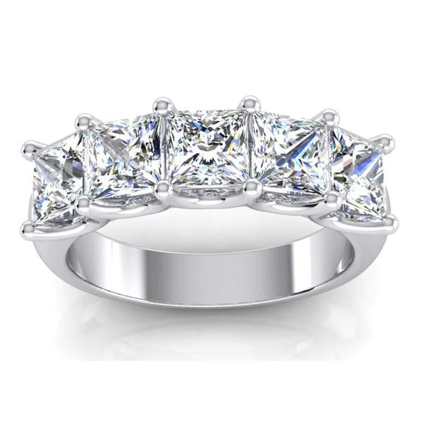 Princess Real Diamond Ring 5 Stone Gold Half Eternity Band U Prong 3 Carats