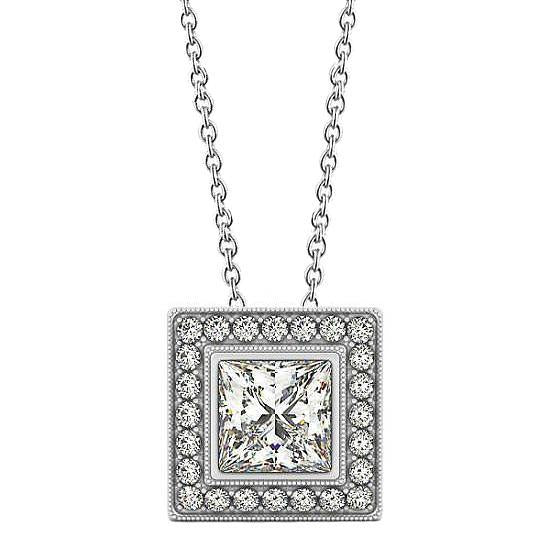 Princess Round Natural Diamond Pendant Necklace Without Chain 1.50 Ct. WG 14K