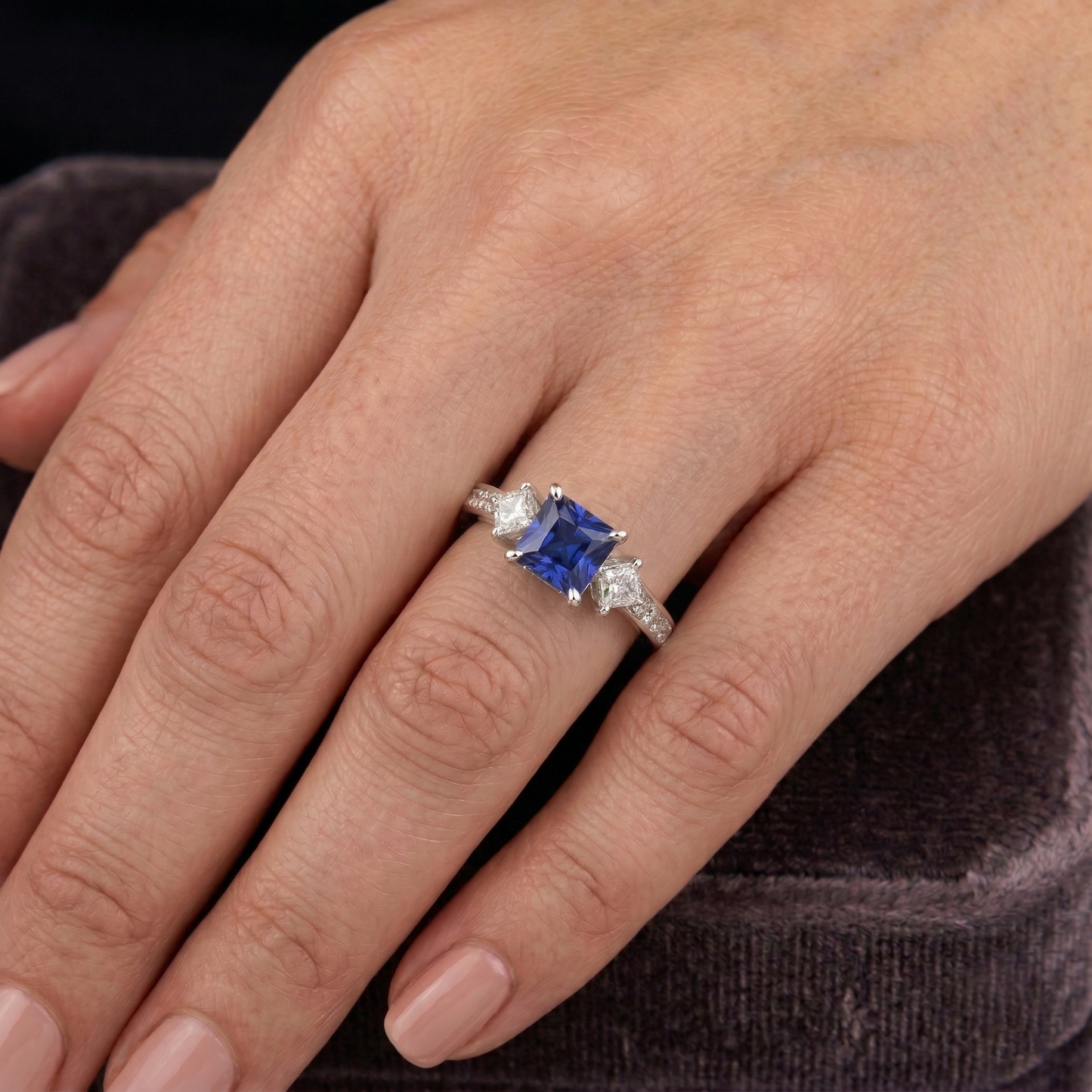 Princess Round Natural Earth Mined Diamond ( Not Lab Grown )  Ceylon Sapphire Ring 2.50 Carats White Gold 14K