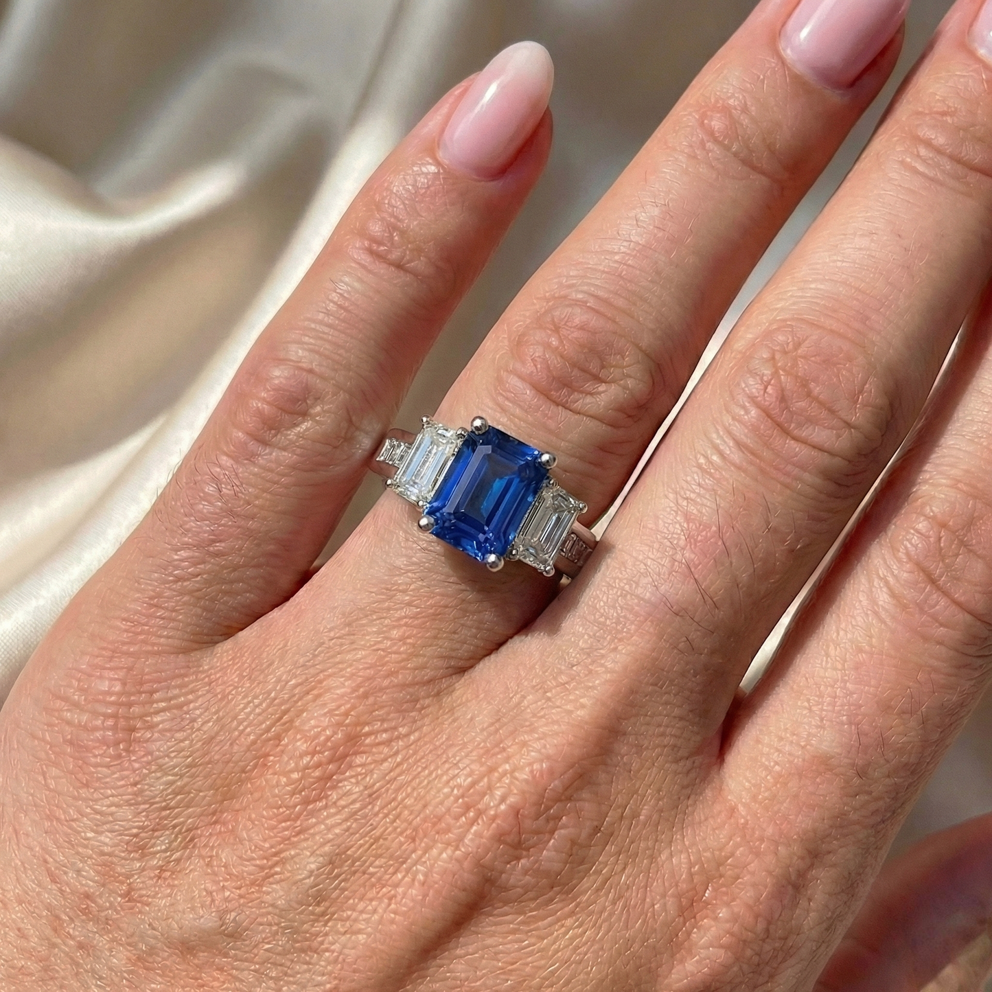 Princess & Emerald Natural Earth Mined Diamond ( Not Lab Grown ) Radiant Sapphire Ring 4 Carats Channel Set