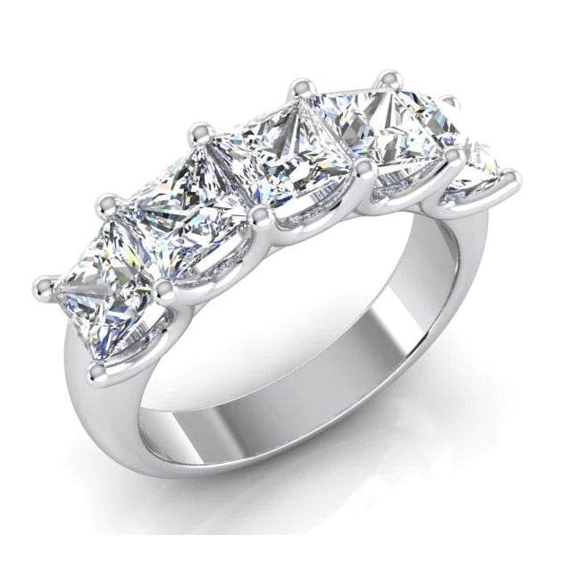 Princess Lab Grown Diamond Ring 5 Stone Gold Half Eternity Band U Prong 3 Carats