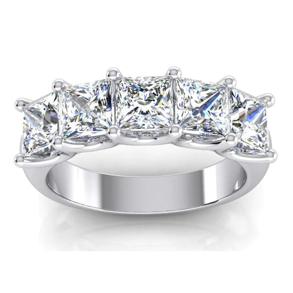 Princess Lab Grown Diamond Ring 5 Stone Gold Half Eternity Band U Prong 3 Carats