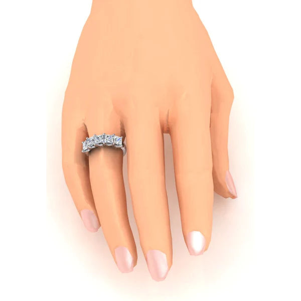 Princess Lab Grown Diamond Ring 5 Stone Gold Half Eternity Band U Prong 3 Carats