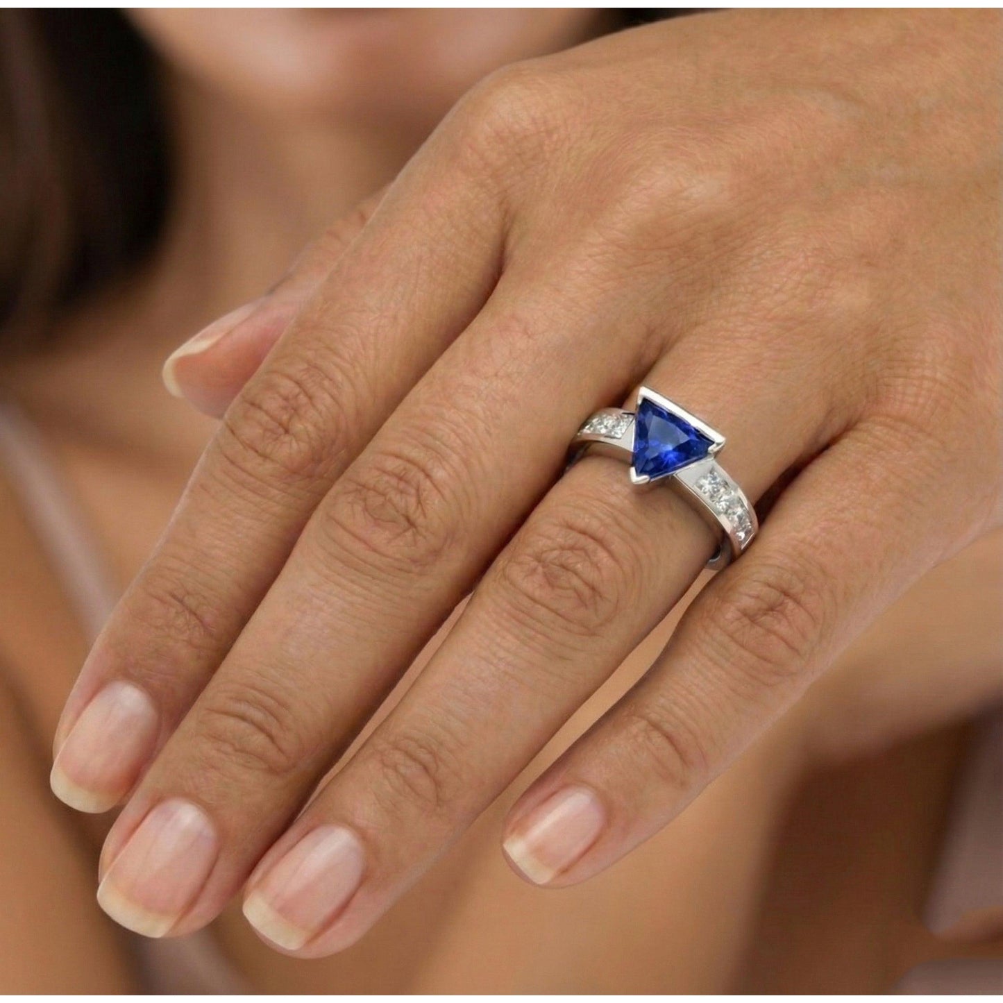 Princess Natural Earth Mined Diamond ( Not Lab Grown ) Trillion Sapphire Ring 1.25 Carats Channel Set