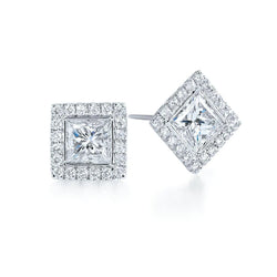 Princess & Round 5 Carats Natural Diamond Stud Halo Earrings White Gold 14K