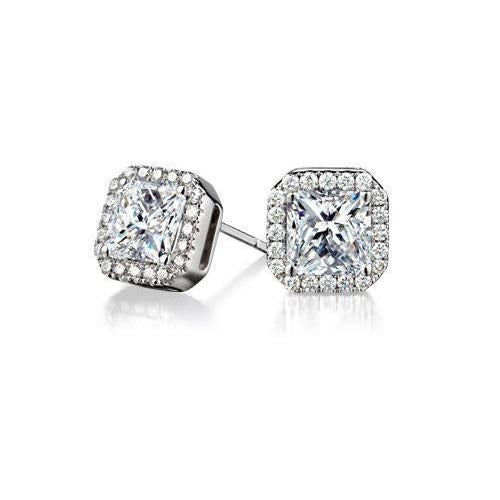 Princess & Round Cut 2.9 Carats Real Diamond Halo Lady Stud Earrings - Halo Stud Earrings-harrychadent.ca