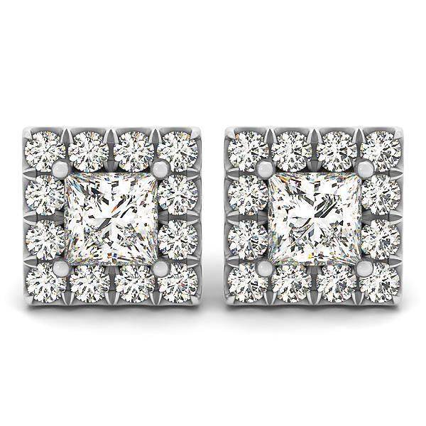 Princess & Round Cut Halo Real Diamond Women Stud Earrings 3.20 Ct. WG 14K