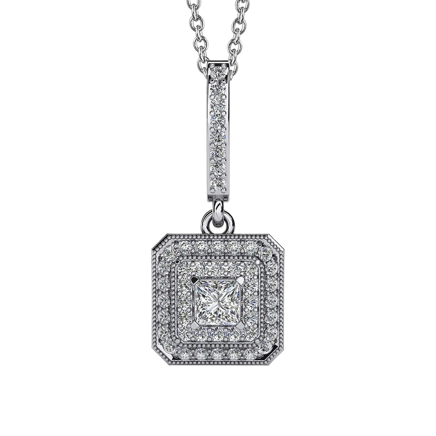 Princess & Round Cut Real Diamond Pendant Necklace 2.48 Carat White Gold 14K