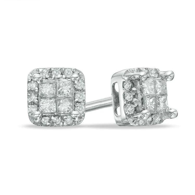 Princess & Round Natural Diamond Halo Stud Earring 3.20 Carats White Gold 14K