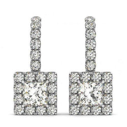 Princess & Round Natural Earth Mined Diamonds 2.20 Carats Dangle Earrings White Gold 14K