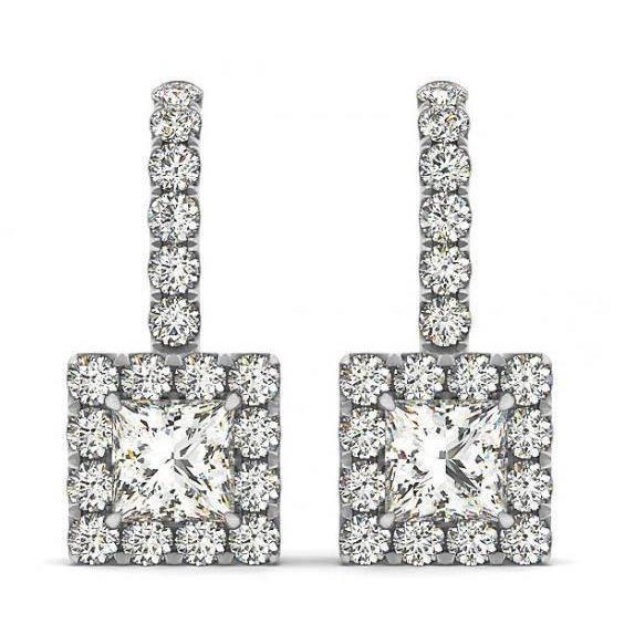 Princess & Round Natural Diamonds 2.20 Carats Dangle Earrings White Gold 14K