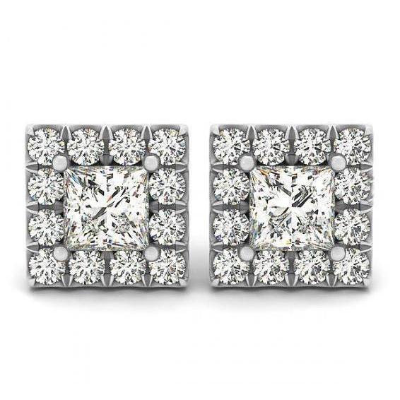 Princess & Round Real Diamond 2.50 Carat Stud Halo Earring White Gold 14K