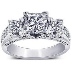Princess & Round Real Diamond 3 Carat 3 Stone Style Engagement Ring