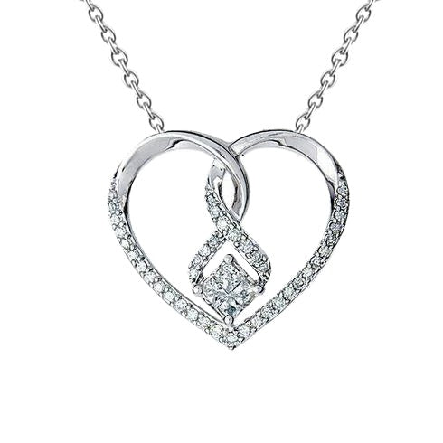 Princess & Round Shaped Real Diamond Heart Pendant 1.39 Carat White Gold 14K