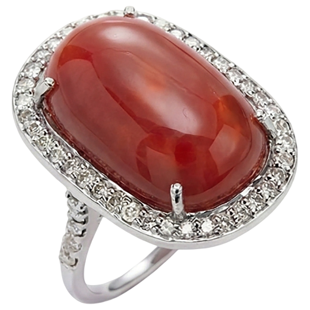 Prong Set 14 Carats Oval Red Coral With Round Natural Earth Mined Diamond ( Not Lab Grown ) Ring