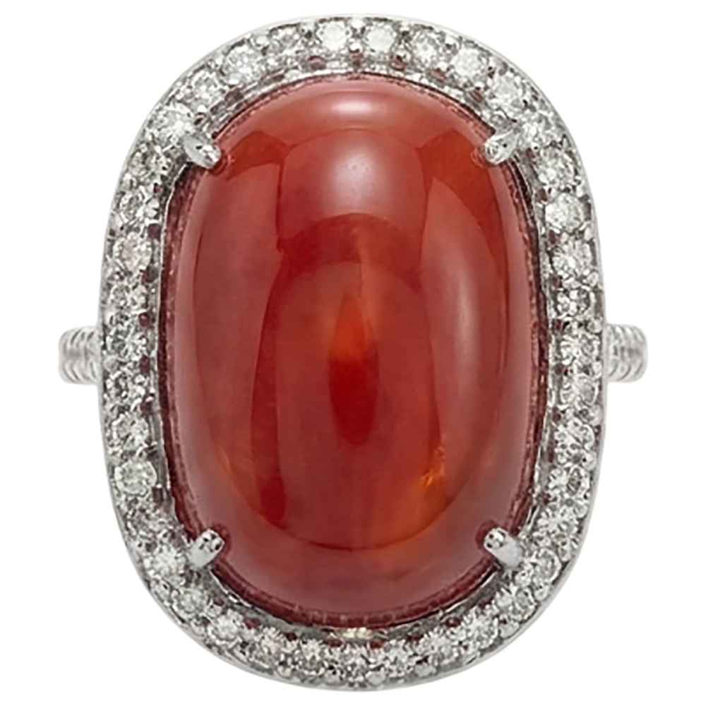 Prong Set 14 Carats Oval Red Coral With Round Natural Earth Mined Diamond ( Not Lab Grown ) Ring