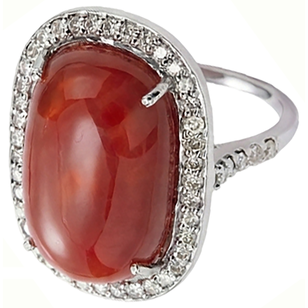 Prong Set 14 Carats Oval Red Coral With Round Natural Earth Mined Diamond ( Not Lab Grown ) Ring