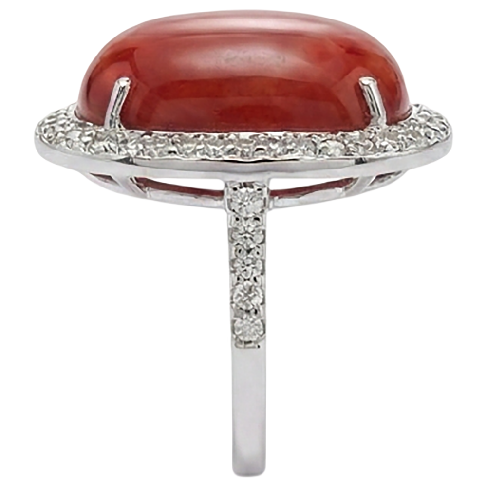 Prong Set 14 Carats Oval Red Coral With Round Natural Earth Mined Diamond ( Not Lab Grown ) Ring