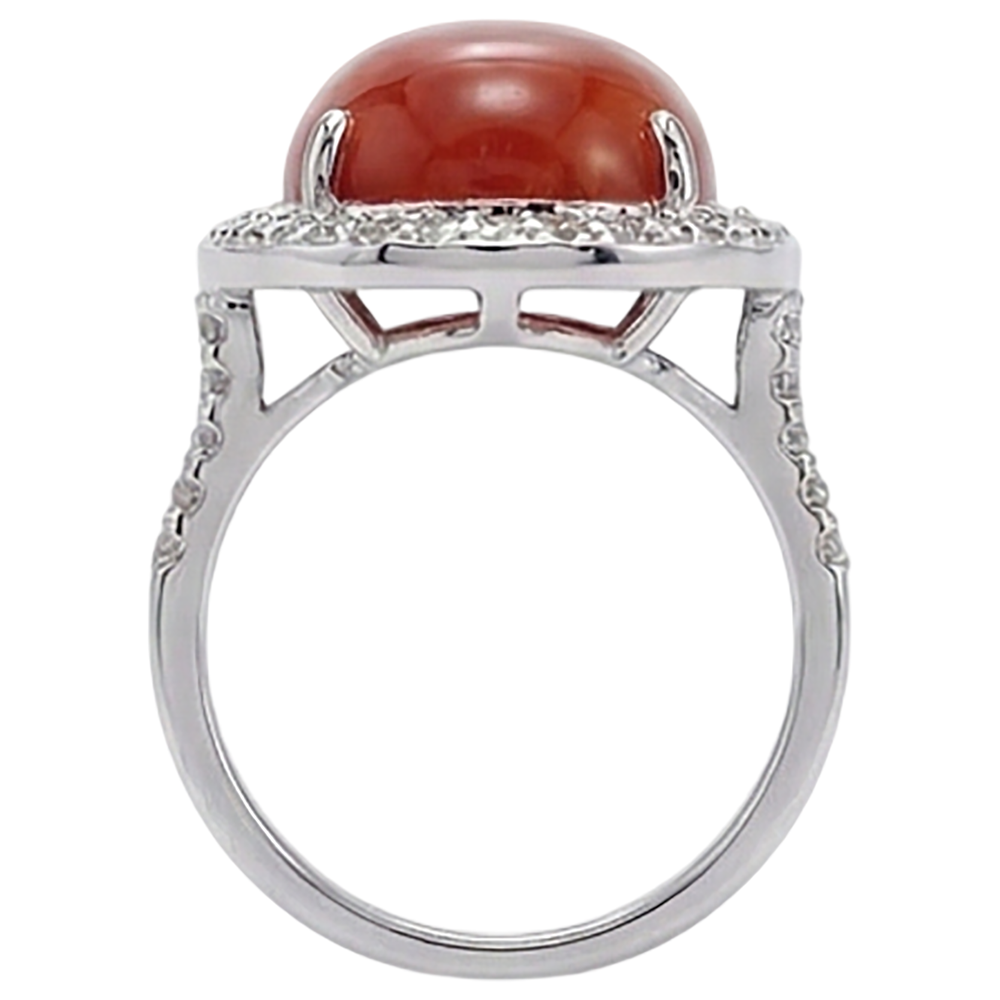 Prong Set 14 Carats Oval Red Coral With Round Natural Earth Mined Diamond ( Not Lab Grown ) Ring