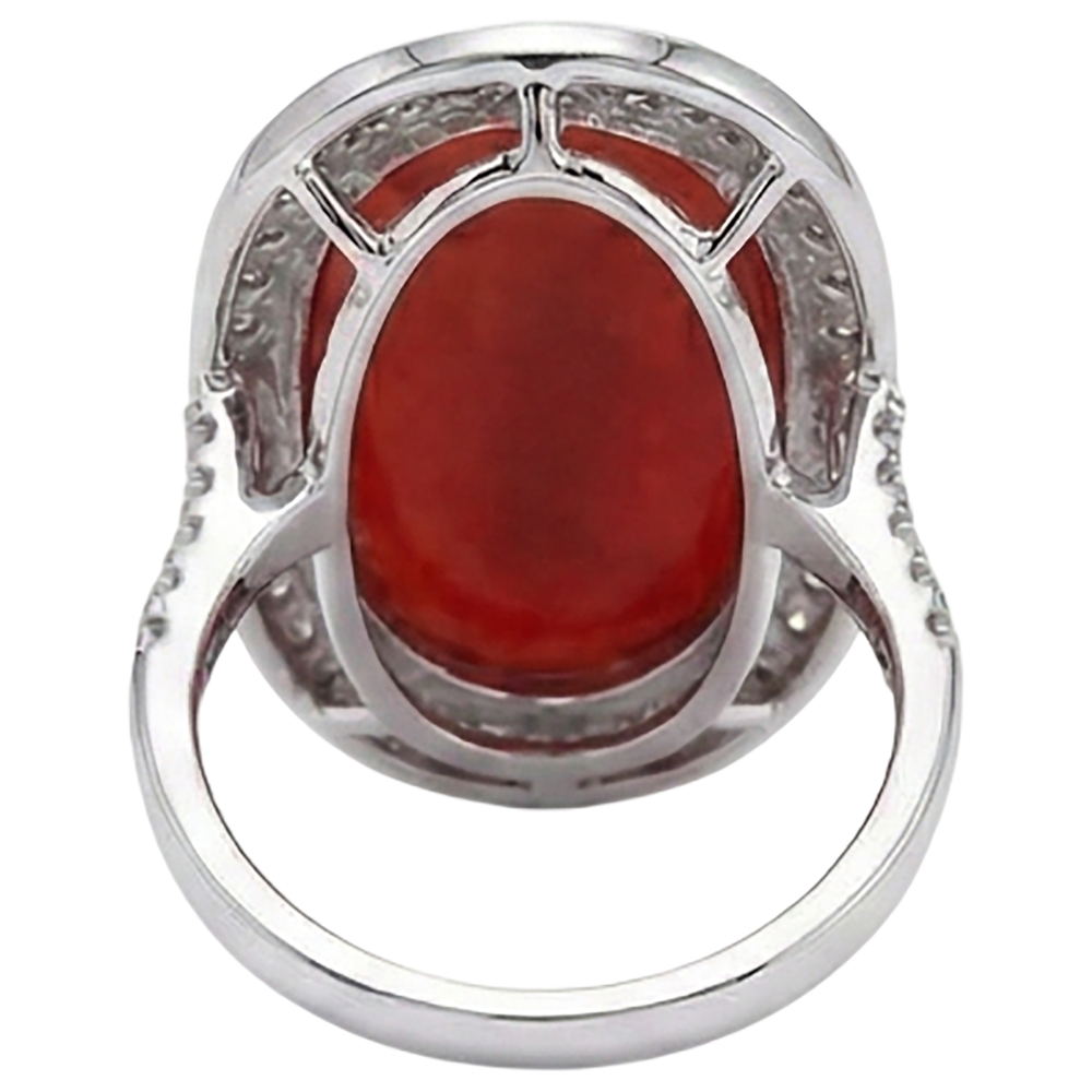 Prong Set 14 Carats Oval Red Coral With Round Natural Earth Mined Diamond ( Not Lab Grown ) Ring