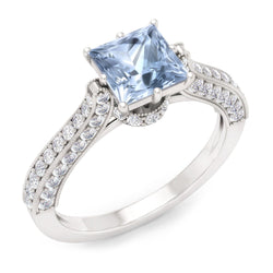 Prong Set 8.50 Carats Aquamarine With Natural Earth Mined Diamond ( Not Lab Grown )s Ring White Gold 14K