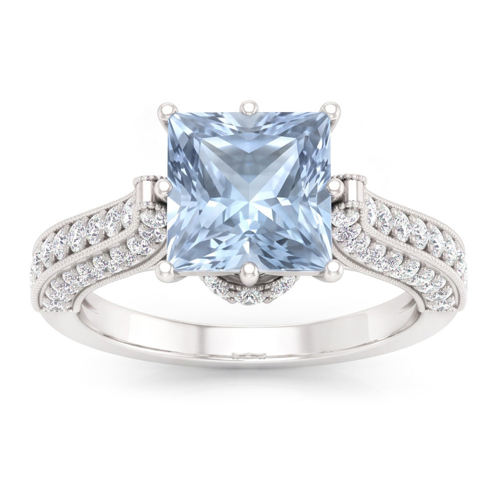 Prong Set 8.50 Carats Aquamarine With Natural Earth Mined Diamond ( Not Lab Grown )s Ring White Gold 14K