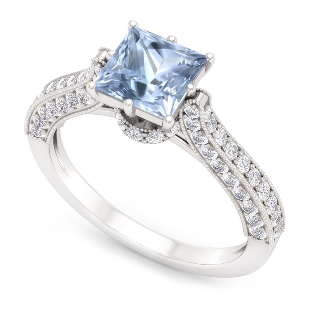 Prong Set 8.50 Carats Aquamarine With Natural Earth Mined Diamond ( Not Lab Grown )s Ring White Gold 14K