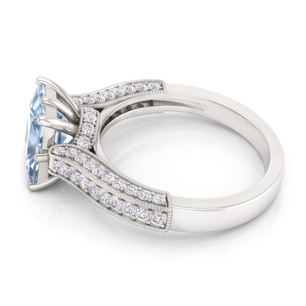 Prong Set 8.50 Carats Aquamarine With Natural Earth Mined Diamond ( Not Lab Grown )s Ring White Gold 14K