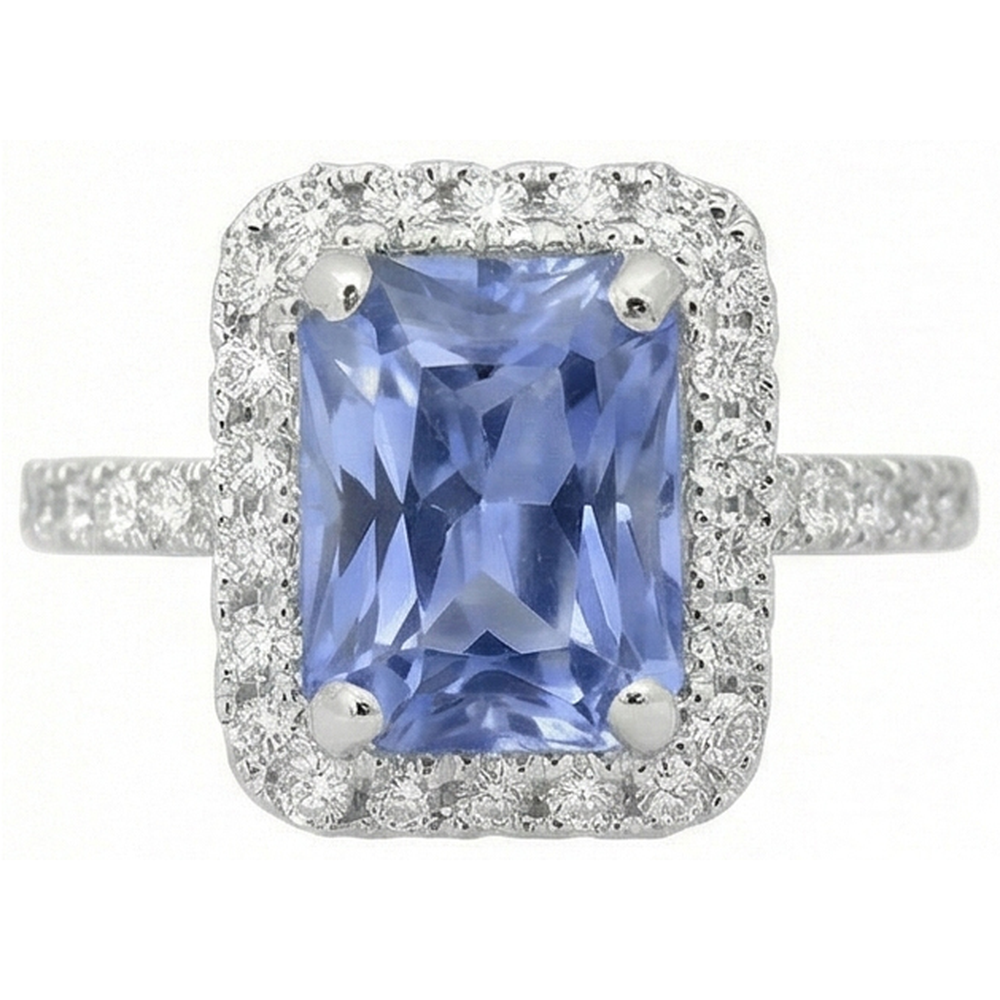 Prong Set Ceylon Sapphire With Natural Earth Mined Diamond ( Not Lab Grown )s 4 Ct Ring White Gold 14K