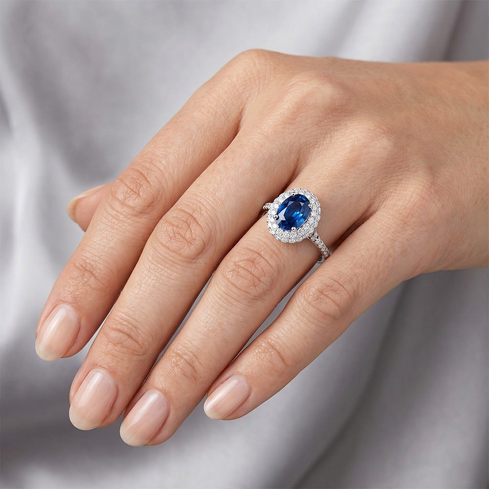 Prong Set Halo Sapphire And Natural Earth Mined Diamond ( Not Lab Grown ) s 3.70 Carats Ring White Gold 14K
