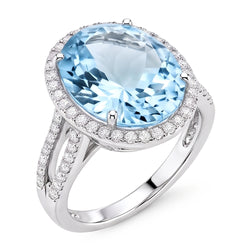 Prong Set Round Cut 12 Ct Aquamarine And Natural Earth Mined Diamond ( Not Lab Grown )s Ring Gold White