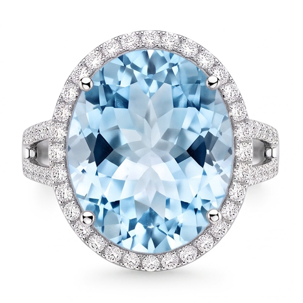 Prong Set Round Cut 12 Ct Aquamarine And Natural Earth Mined Diamond ( Not Lab Grown )s Ring Gold White