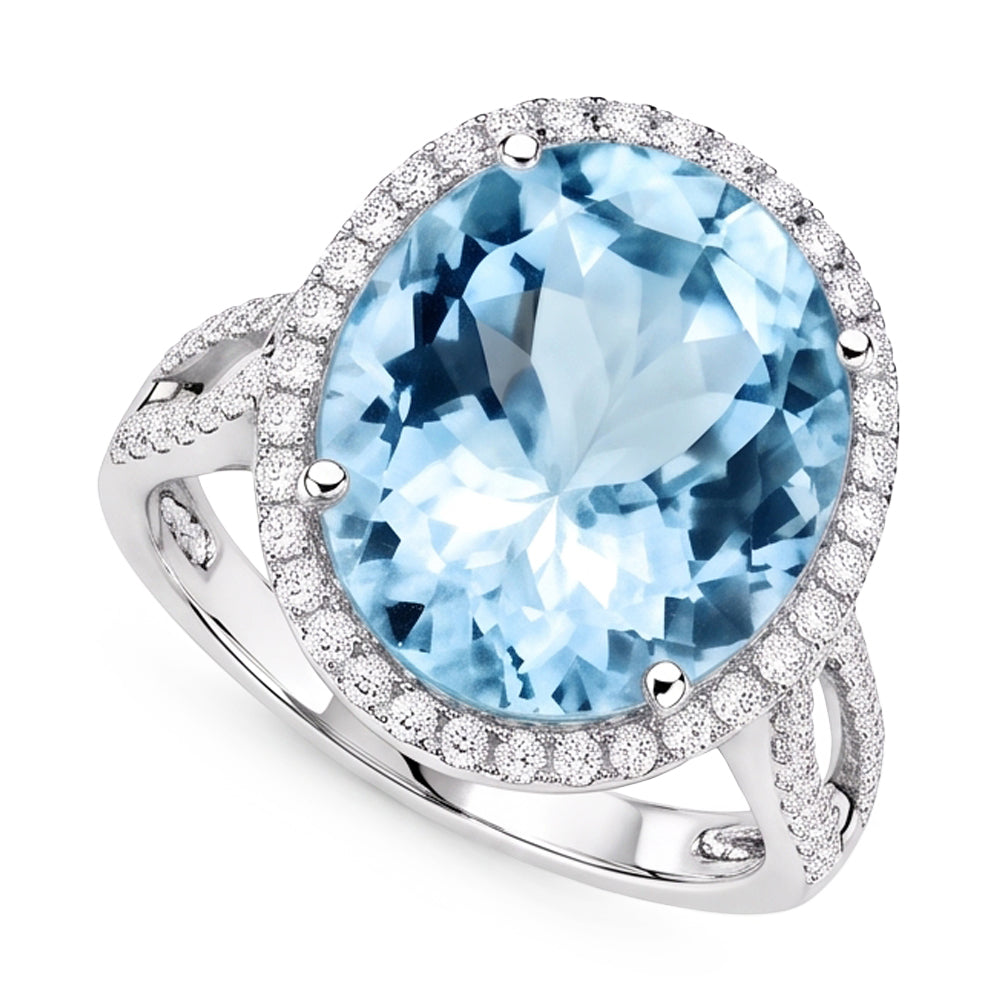 Prong Set Round Cut 12 Ct Aquamarine And Natural Earth Mined Diamond ( Not Lab Grown )s Ring Gold White