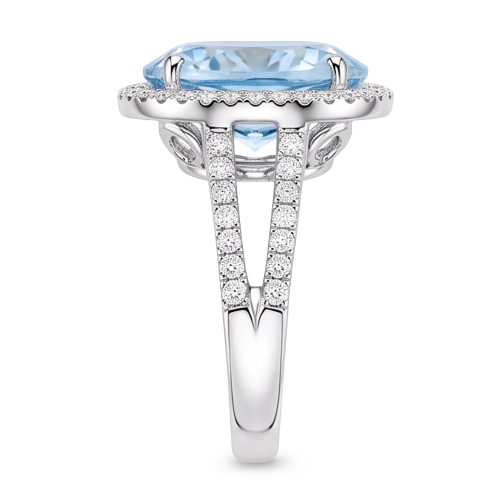 Prong Set Round Cut 12 Ct Aquamarine And Natural Earth Mined Diamond ( Not Lab Grown )s Ring Gold White