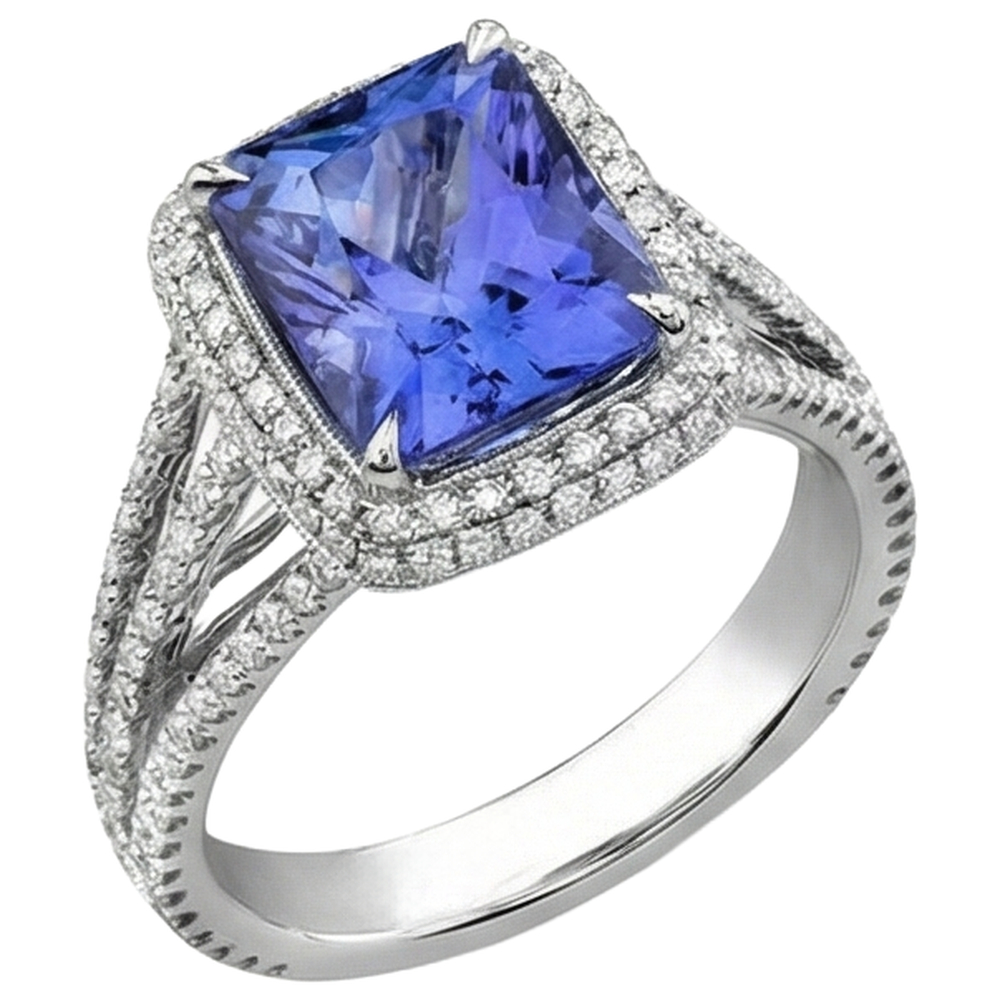 natural round tanzanite 4.78ct ring close up detail