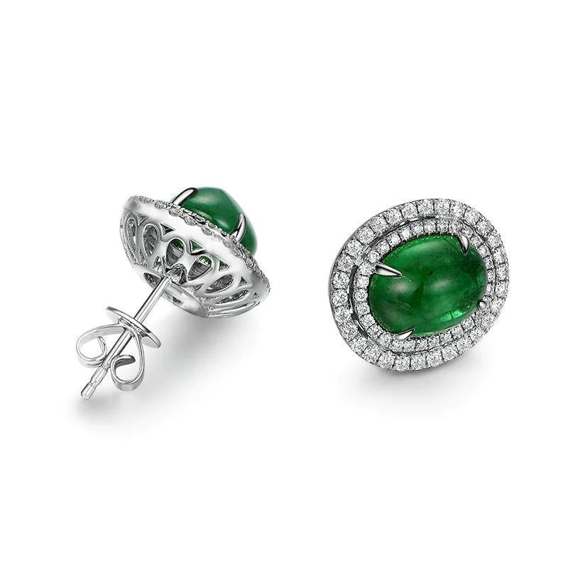 Prong 7.50 Carats Green Emerald With Diamonds Stud Earrings White Gold 14K