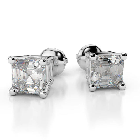Prong Set 3 Carats Asscher Cut Real Diamonds Studs Earrings WG 14K