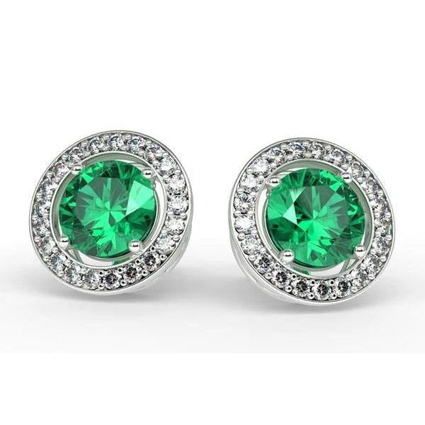 Prong Set 6.50 Carats Green Emerald With Diamond Stud Earrings