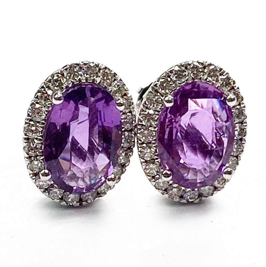 Purple Sapphire Halo Diamond Stud Earrings