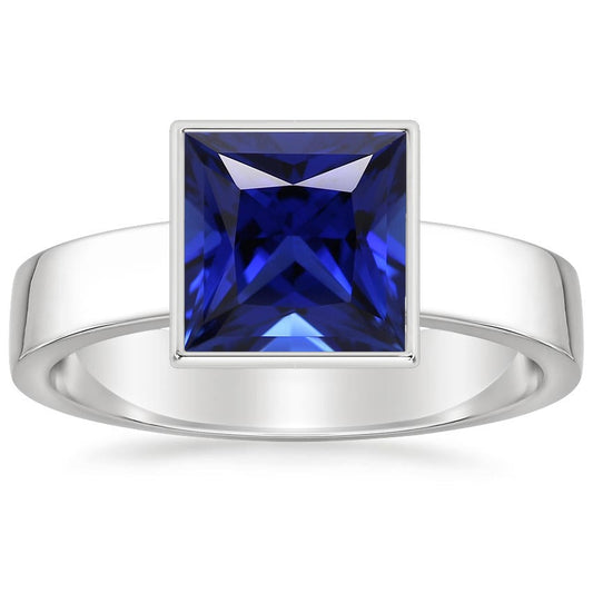 IGI CERTIFIED Bezel Set Solitaire Mens Ring Princess Ceylon Color Sapphire 5 Ct White Gold