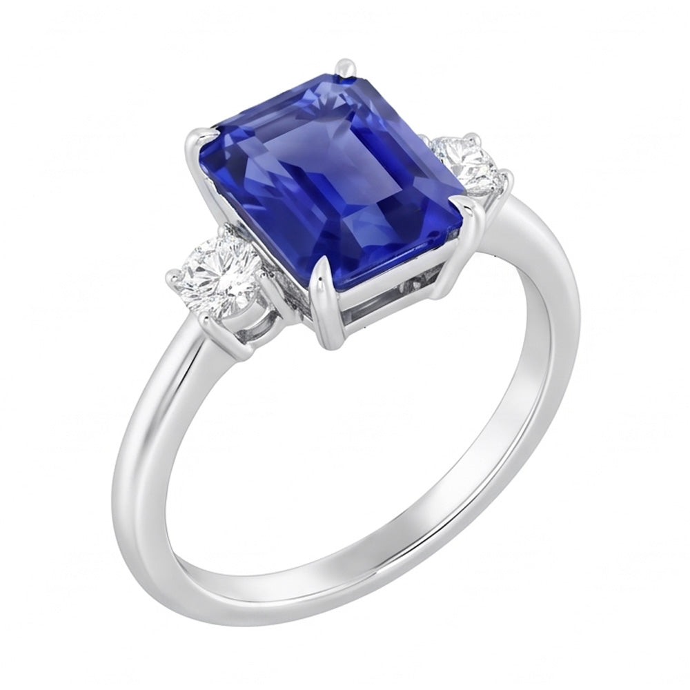 Radiant 3 Stone Blue Sapphire Ring 1.25 Carats Small Round Natural Earth Mined Diamond ( Not Lab Grown )s