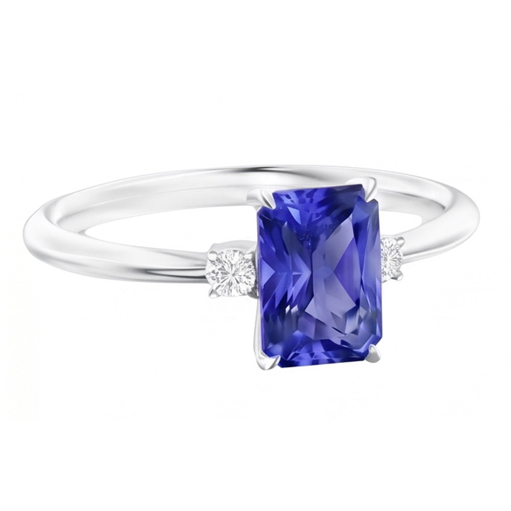 Radiant 3 Stone Blue Sapphire Ring 1.25 Carats Small Round Natural Earth Mined Diamond ( Not Lab Grown )s