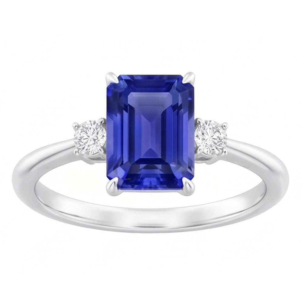 Radiant 3 Stone Blue Sapphire Ring 1.25 Carats Small Round Natural Earth Mined Diamond ( Not Lab Grown )s