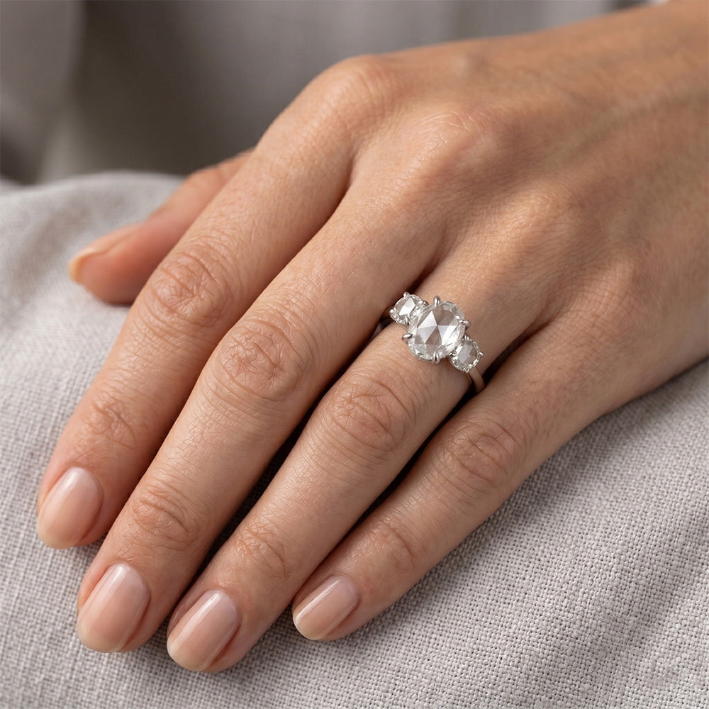 Radiant 3-Stone Ring with Rose Cut Fine Diamond – 2.75 ct