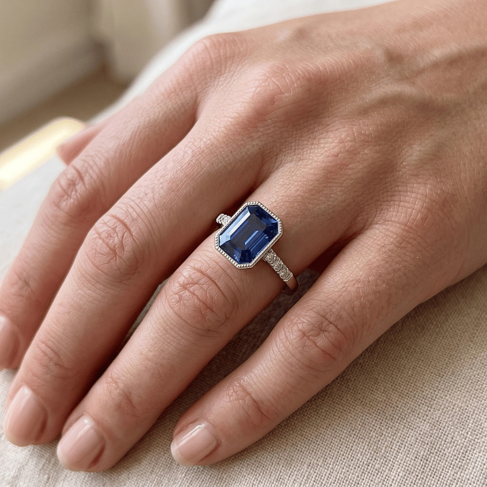 Radiant Cut Bezel Set Ring Ceylon Sapphire & Natural Earth Mined Diamond ( Not Lab Grown ) 3.50 C...