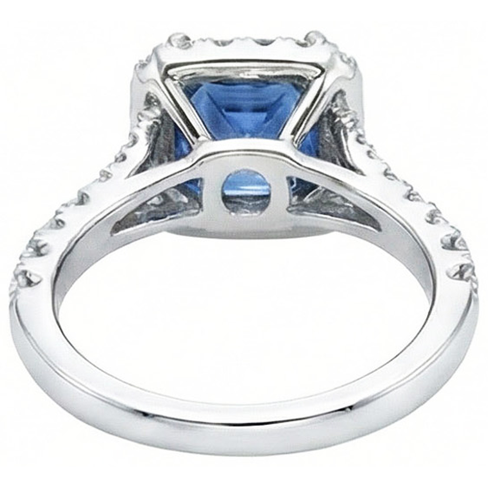 Radiant Cut Ceylon Sapphire & Round Natural Earth Mined Diamond ( Not Lab Grown )  Ring 3 Ct. White Gold 14K