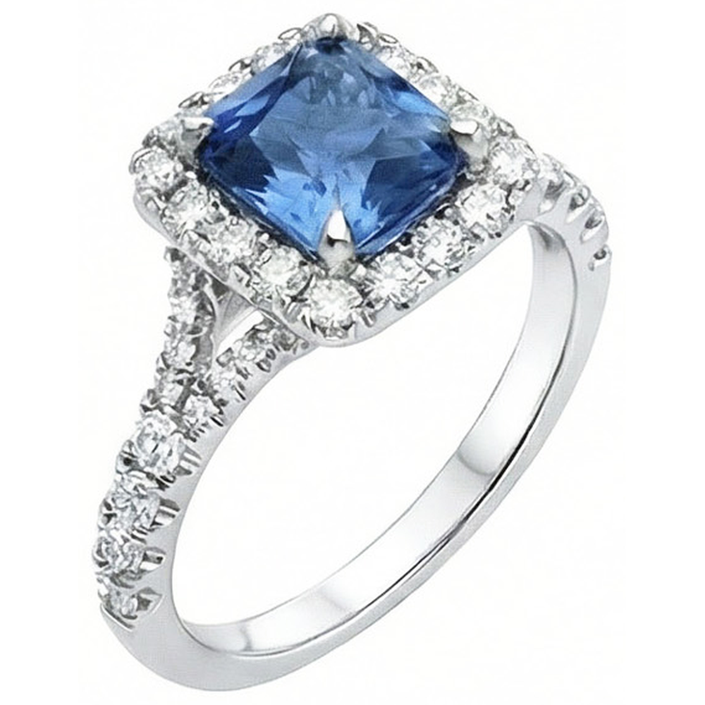 Radiant Cut Ceylon Sapphire & Round Natural Earth Mined Diamond ( Not Lab Grown )  Ring 3 Ct. White Gold 14K