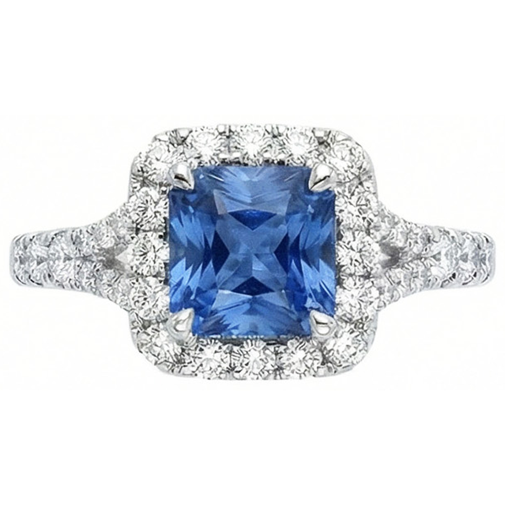 Radiant Cut Ceylon Sapphire & Round Natural Earth Mined Diamond ( Not Lab Grown )  Ring 3 Ct. White Gold 14K